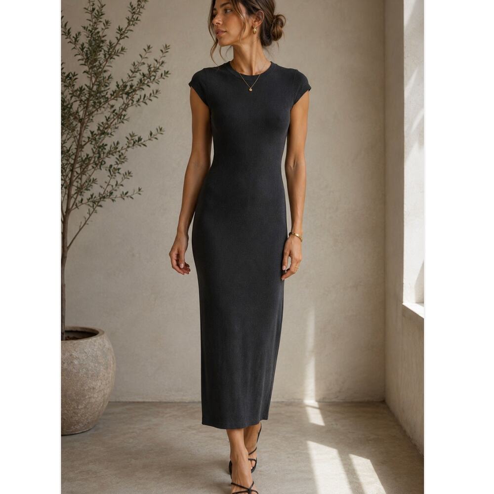 Enza Costa Silk Rib Maxi Dress Black Charcoal Cap Sleeve Stretch Size M USA